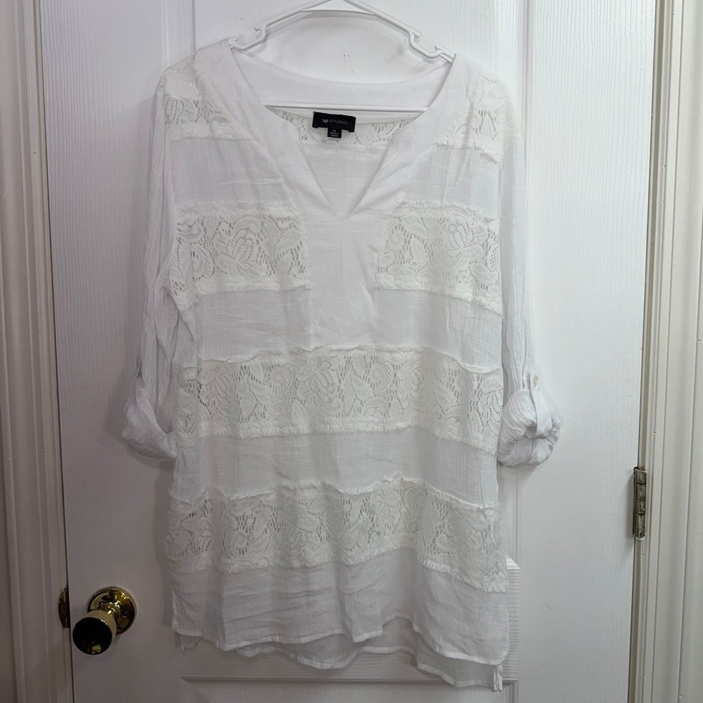 AB Studio white sheer‎ embroidered lace v-neck cuffed sleeve shirt casual XL